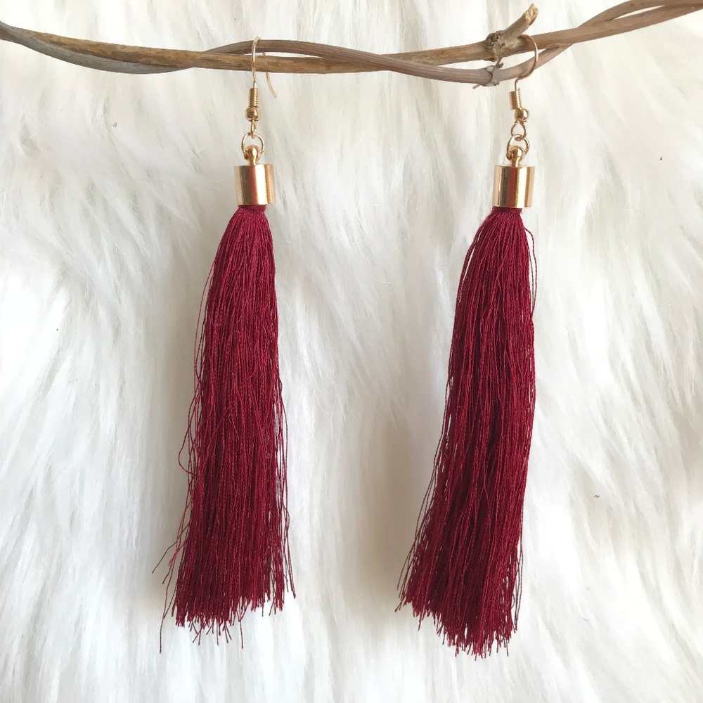 Boho tassel fringe statement burgundy earrings NWT